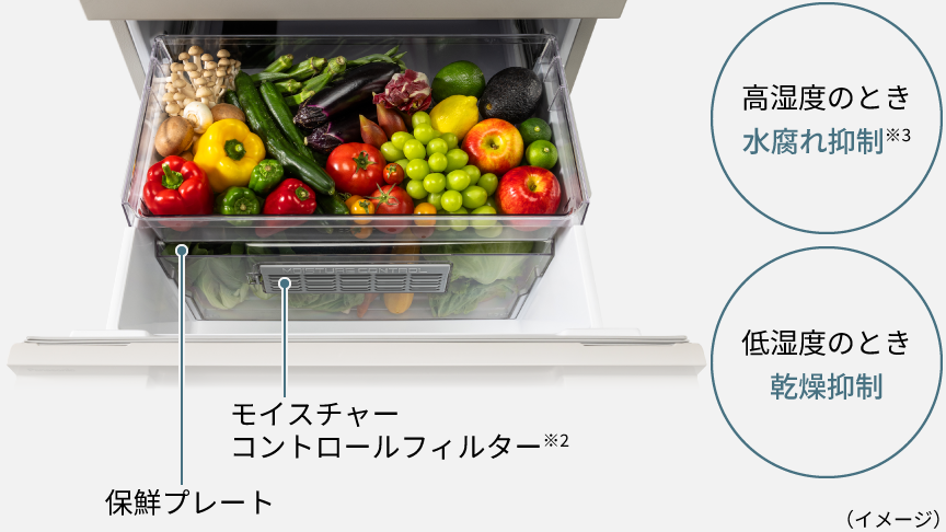 画像：「モイスチャーコントロールフィルター」と「保鮮プレート」の説明