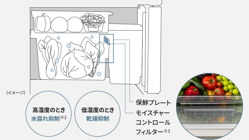 画像：「モイスチャーコントロールフィルター」と「保鮮プレート」の説明