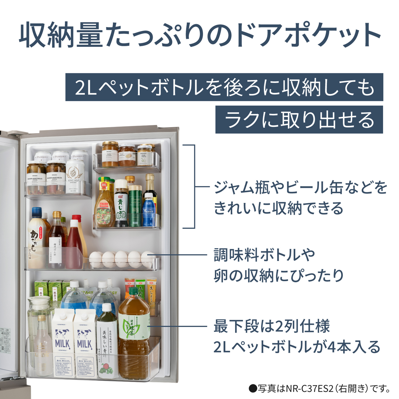 収納量たっぷりのドアポケット。2Lペットボトルを後ろに収納してもラクに取り出せる。上段ポケットは、ジャム瓶やビール缶などをきれいに収納できる。中段ポケットは、調味料ボトルや卵の収納にぴったり。最下段は2列仕様、2Lペットボトルが4本入る。●写真はNR‑C37ES2（右開き）です。【画像】ドアポケットの収納例。