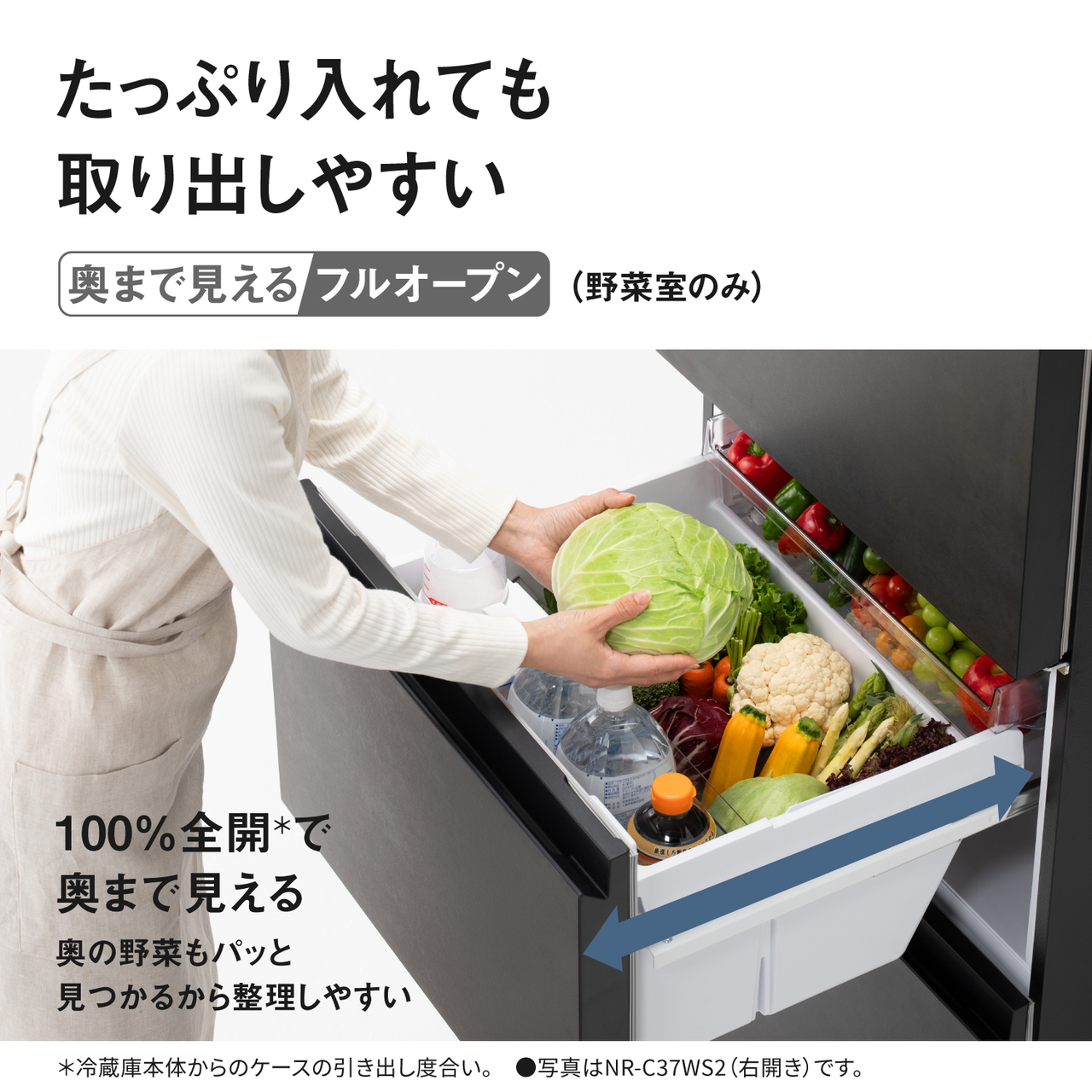たっぷり入れても取り出しやすい「奥まで見えるフルオープン（野菜室のみ）」。100%全開＊で奥まで見える。奥の野菜もパッと見つかるから整理しやすい。＊冷蔵庫本体からのケースの引き出し度合い。●写真はNR-C37WS2（右開き）です。【画像】野菜室をいっぱいに開いた状態のイメージ。
