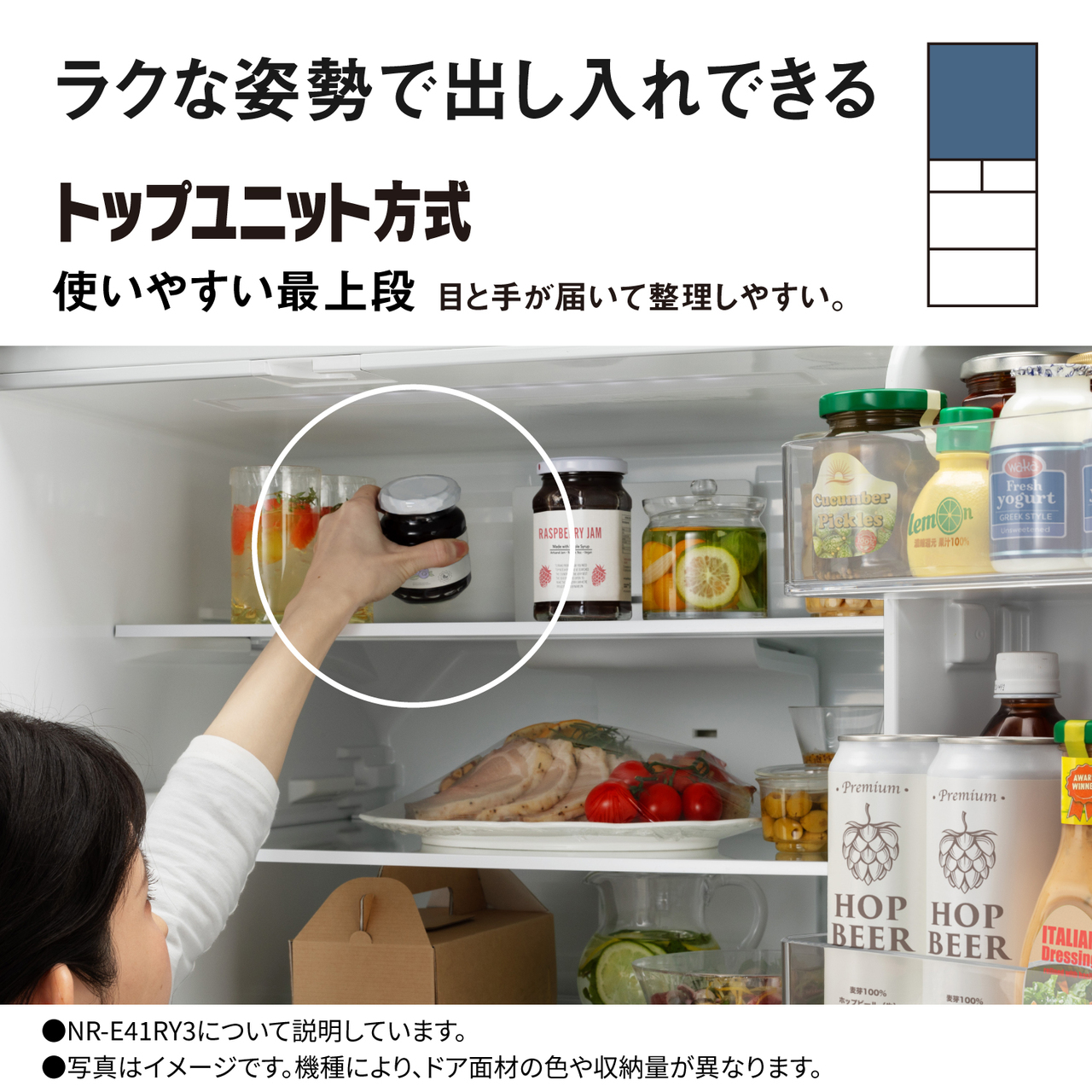ラクな姿勢で出し入れできる「トップユニット方式」。使いやすい最上段。目と手が届いて整理しやすい。●NR-E41RY3について説明しています。●写真はイメージです。機種により、ドア面材の色や収納量が異なります。対応場所：冷蔵室。【画像】冷蔵室内の最上段に手を伸ばすイメージ。