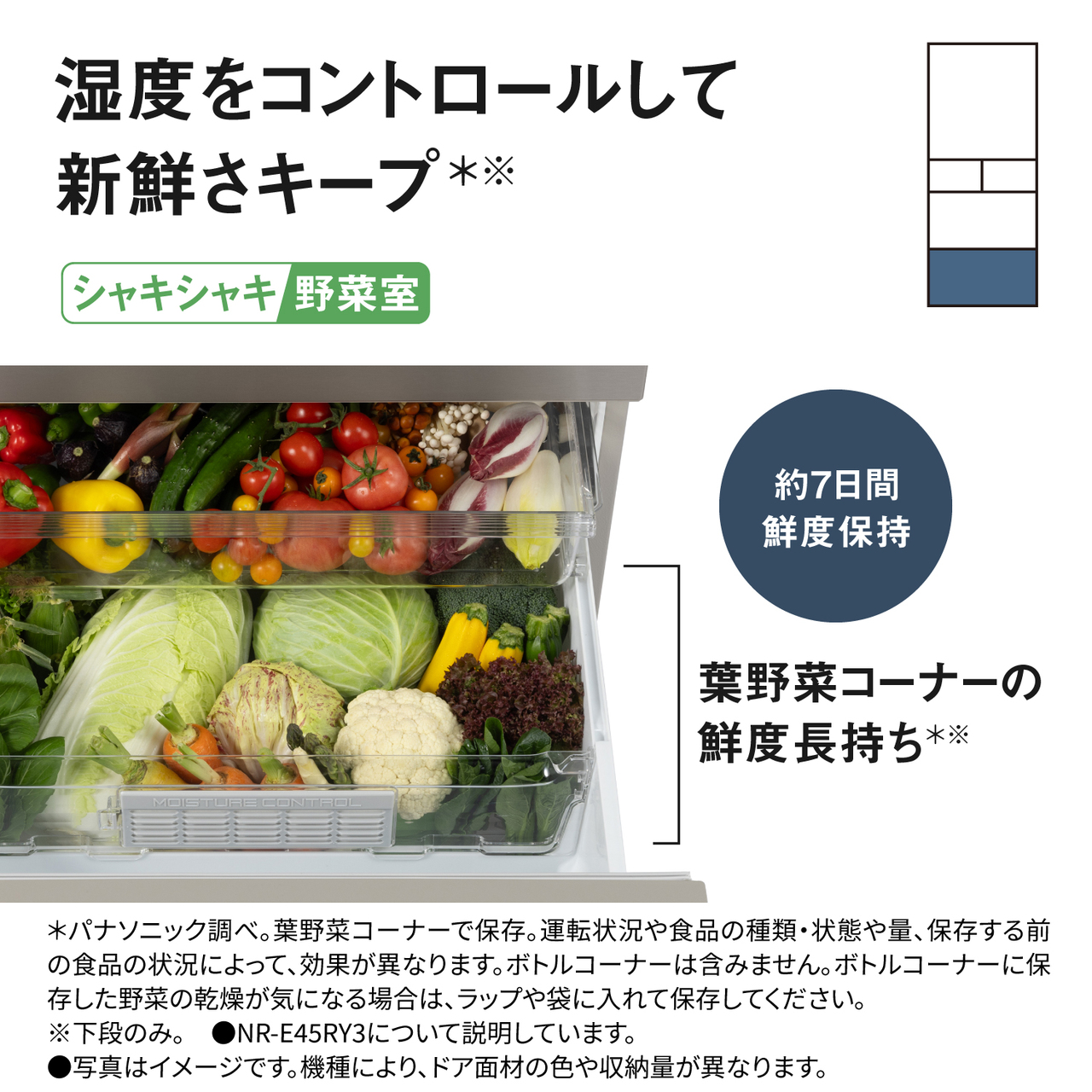 湿度をコントロールして新鮮さキープ＊※「シャキシャキ野菜室」。約7日間、鮮度保持。葉野菜コーナーの鮮度長持ち＊※。＊パナソニック調べ。葉野菜コーナーで保存。運転状況や食品の種類・状態や量、保存する前の状況によって、効果が異なります。ボトルコーナーは含みません。ボトルコーナーに保存した野菜の乾燥が気になる場合は、ラップや袋に入れて保存してください。※下段のみ。●NR-E45RY3について説明しています。●写真はイメージです。機種により、ドア面材の色や収納量が異なります。対応場所：野菜室。【画像】野菜室いっぱいに野菜が入っているイメージ。