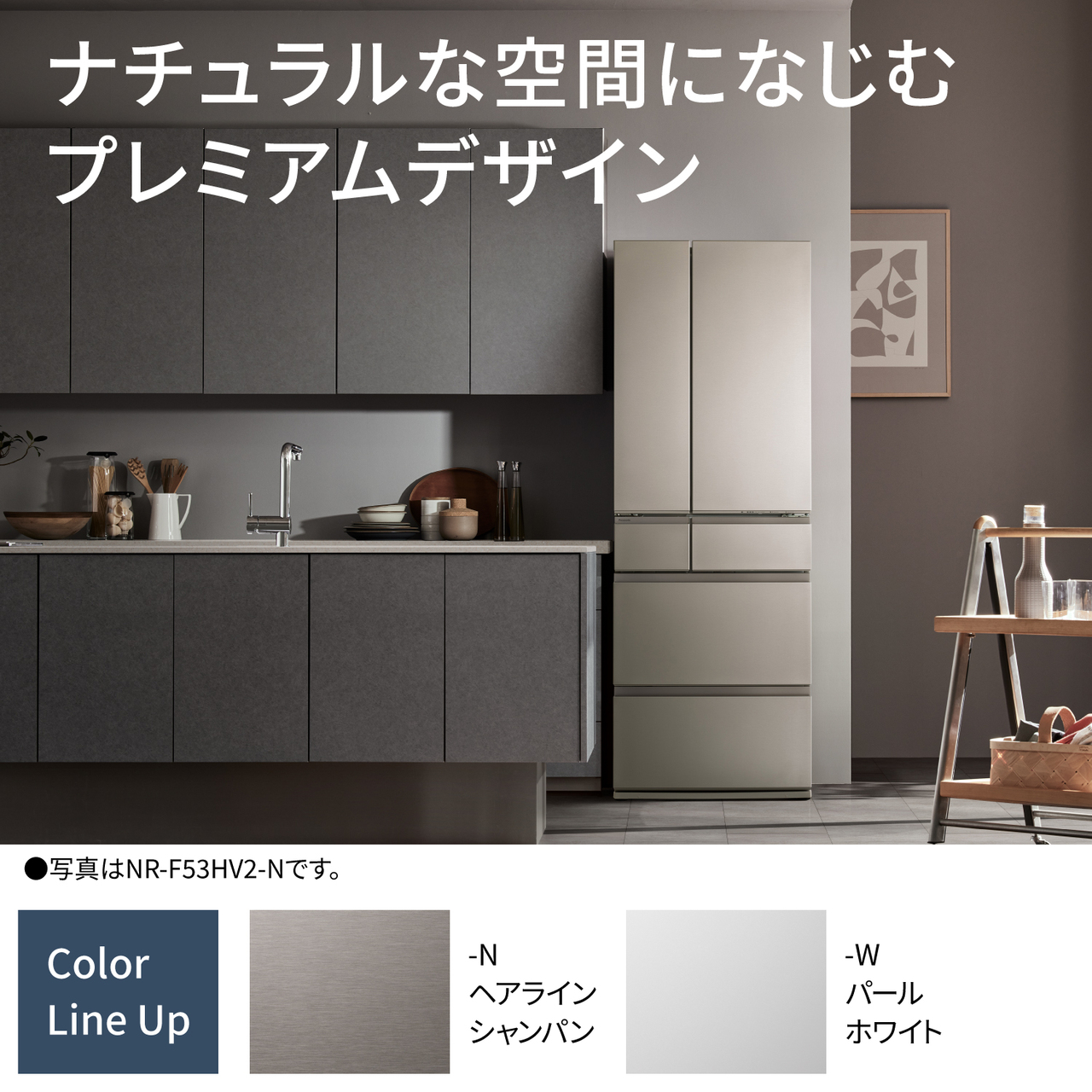 ナチュラルな空間になじむプレミアムデザイン。Color Line Up：-N・ヘアラインシャンパン、-W・パールホワイト。●写真はNR-F53HV2-Nです。