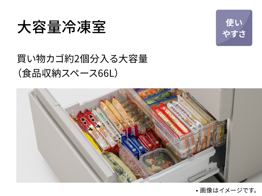 買い物かご約2個分入る大容量（食品収納スペース66L）