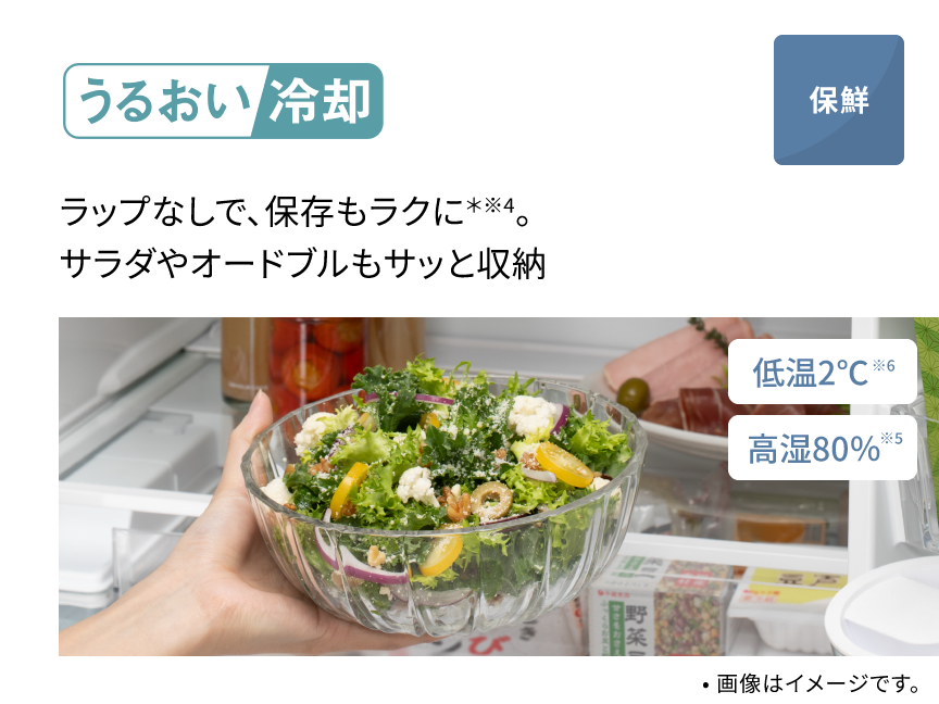 うるおい冷却 ラップなしで、保存もラクに。サラダやオードブルもサッと収納