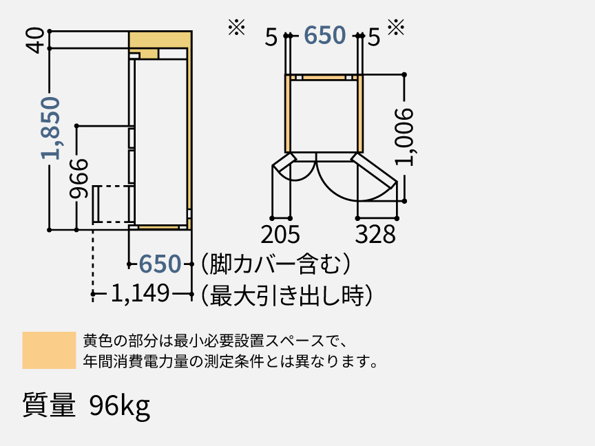 NR-F49EY3 据付必要寸法図（単位：mm）