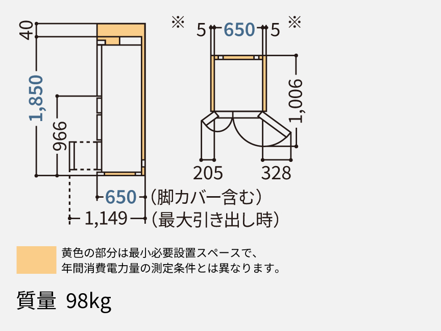 NR-F50HY3 据付必要寸法図（単位：mm）