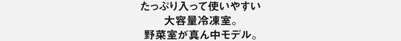 たっぷり入って使いやすい大容量冷凍室。野菜室が真ん中モデル。
