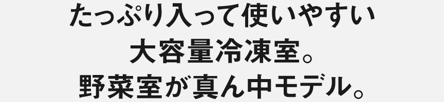 たっぷり入って使いやすい大容量冷凍室。野菜室が真ん中モデル。