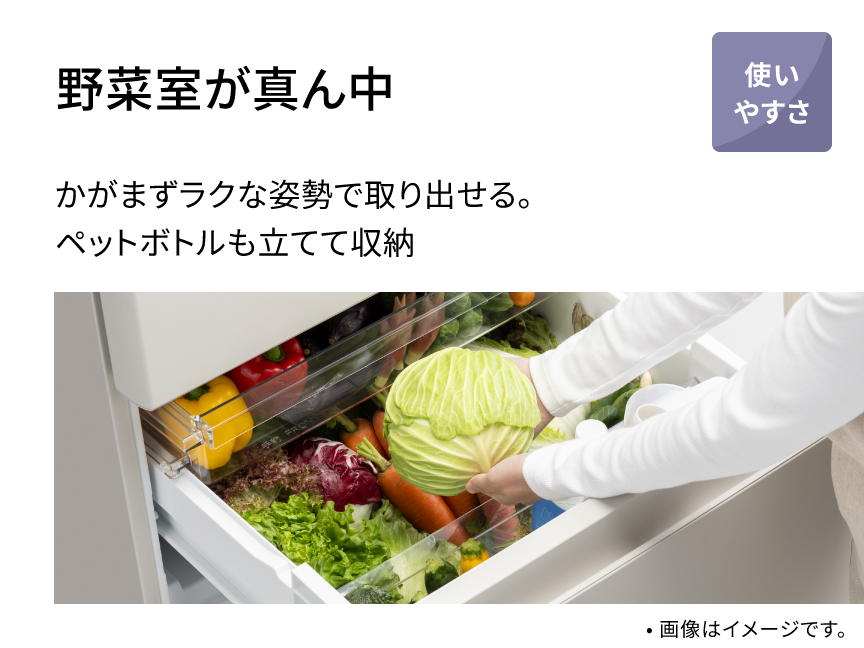 野菜室が真ん中 かがまずラクな姿勢で取り出せる。ペットボトルも立てて収納