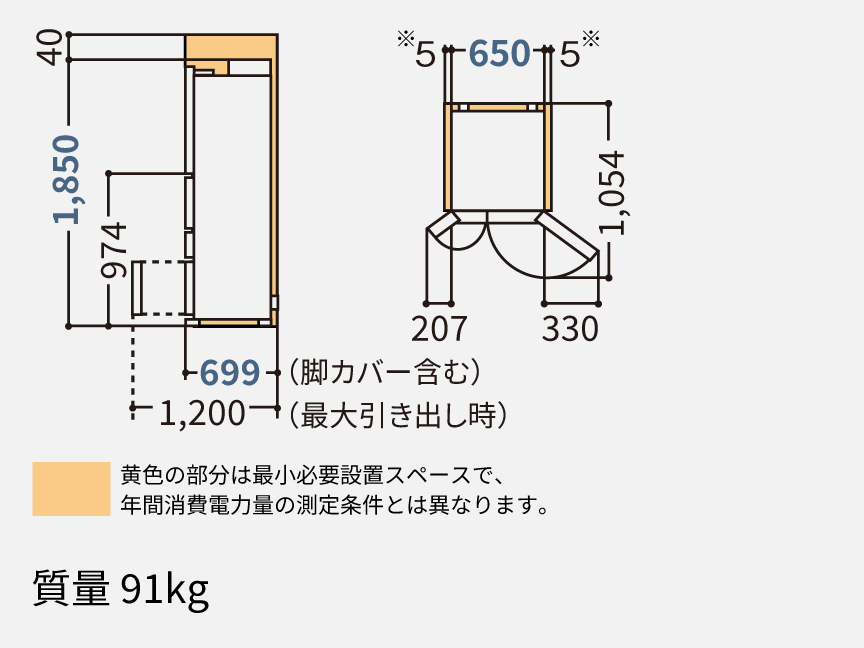 NR-F52BR3 据付必要寸法図（単位：mm）