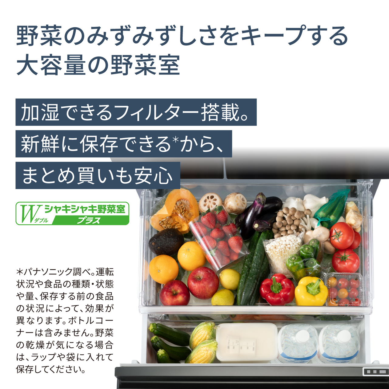 野菜のみずみずしさをキープする大容量の野菜室「Wシャキシャキ野菜室プラス」。加湿できるフィルター搭載。新鮮に保存できる＊から、まとめ買いも安心。＊パナソニック調べ。運転状況や食品の種類・状態や量、保存する前の状況によって、効果が異なります。ボトルコーナーは含みません。野菜の乾燥が気になる場合は、ラップや袋に入れて保存してください。対応場所：野菜室。【画像】野菜室いっぱいに野菜などが入っているイメージ。
