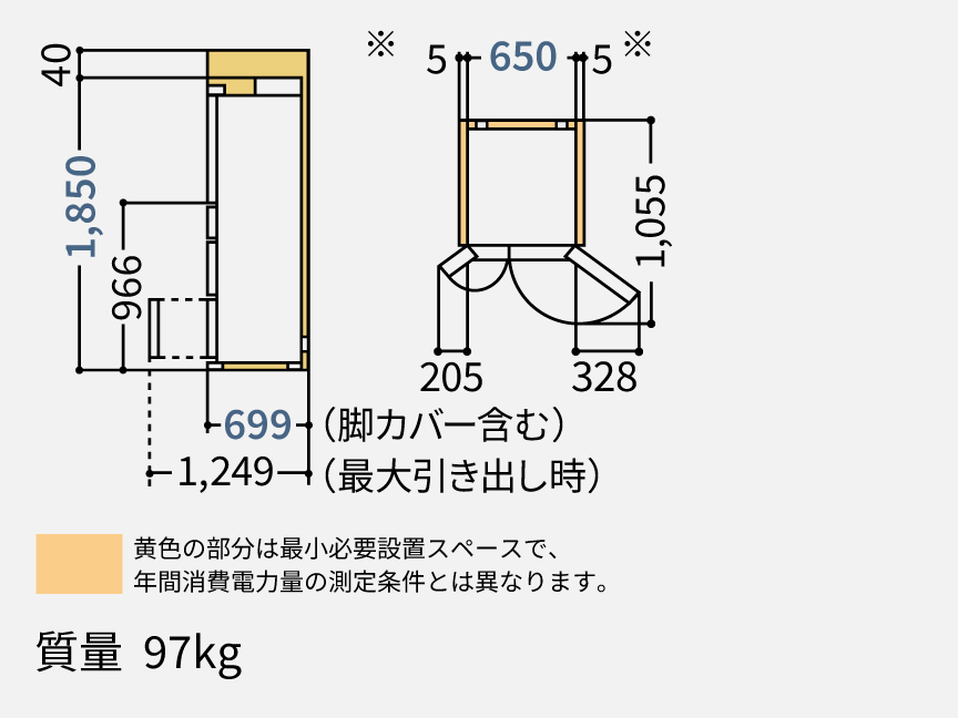 NR-F54EY3 据付必要寸法図（単位：mm）