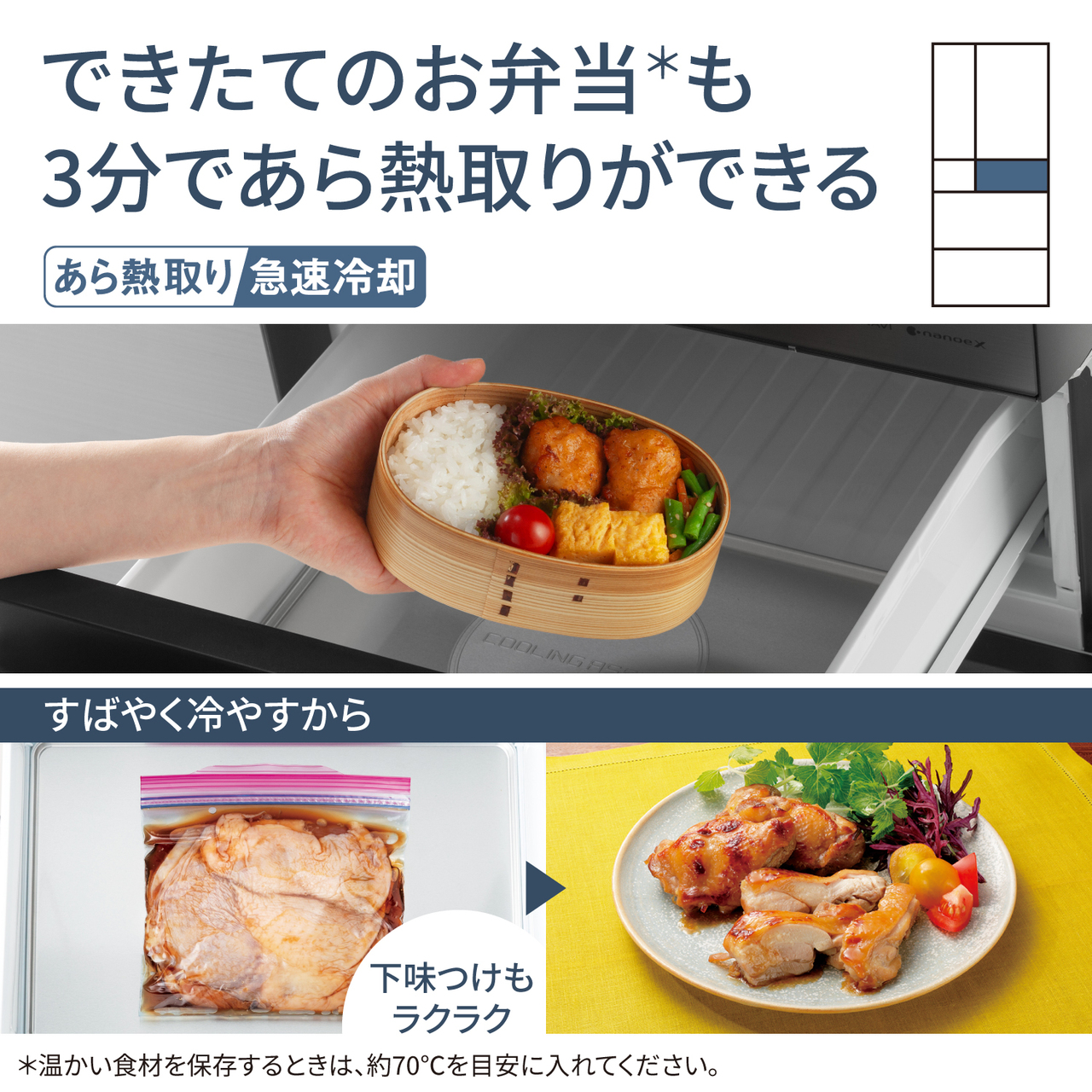 できたてのお弁当＊も3分であら熱取りができる「あら熱取り急速冷却」。すばやく冷やすから下味つけもラクラク。＊温かい食材を保存するときは、約70℃を目安に入れてください。対応場所：クーリングアシストルーム。【画像】お弁当や食品を冷却するイメージ。