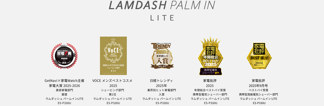 LAMDASH PALM IN LITE GetNavi×家電Watch主催 家電大賞2025-2026 美容家電部門 銀賞 ラムダッシュ パームイン LITE ES-P33U VOCE メンズベストコスメ2025 シェービング部門 第1位 ラムダッシュ パームイン LITE ES-P33U 日経トレンディ 2025年 業界別ヒット家電部門 入賞 ラムダッシュ パームイン LITE ES-P33U 家電批評 2025 年間総合ベストバイ受賞 携帯型電気シェーバー部門 ラムダッシュ パームイン LITE ES-P33U 家電批評 2025年9月号 ベストバイ受賞 携帯型高級電気シェーバー部門 ラムダッシュ パームイン LITE ES-P33U