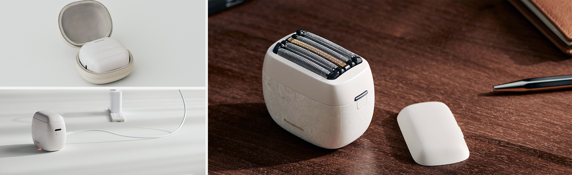 写真：ラムダッシュ パームインがキャリングケースに入っている様子、USB充電されている様子、机の上に置いてある様子