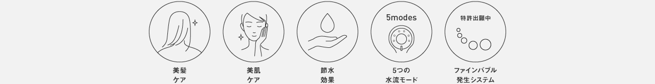 EH-SH50の特長：美髪ケア,美肌ケア,節水効果,5つのモード,特許出願中ファインバブル発生システム