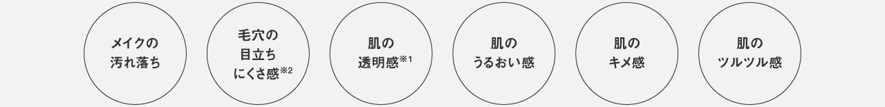 メイクの汚れ落ち、毛穴の目立ちにくさ感※2、肌の透明感※1、肌のうるおい感、肌のキメ感、肌のツルツル感