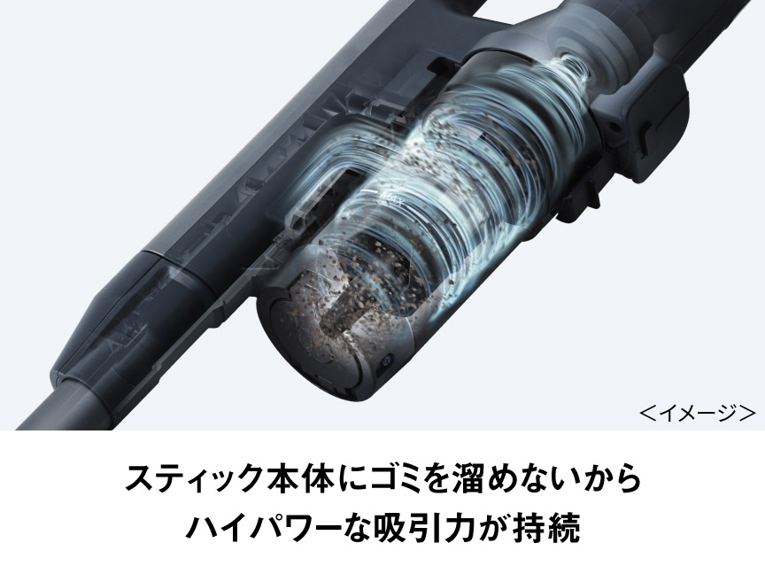 スティック本体にゴミを溜めないからハイパワーな吸引力が持続
