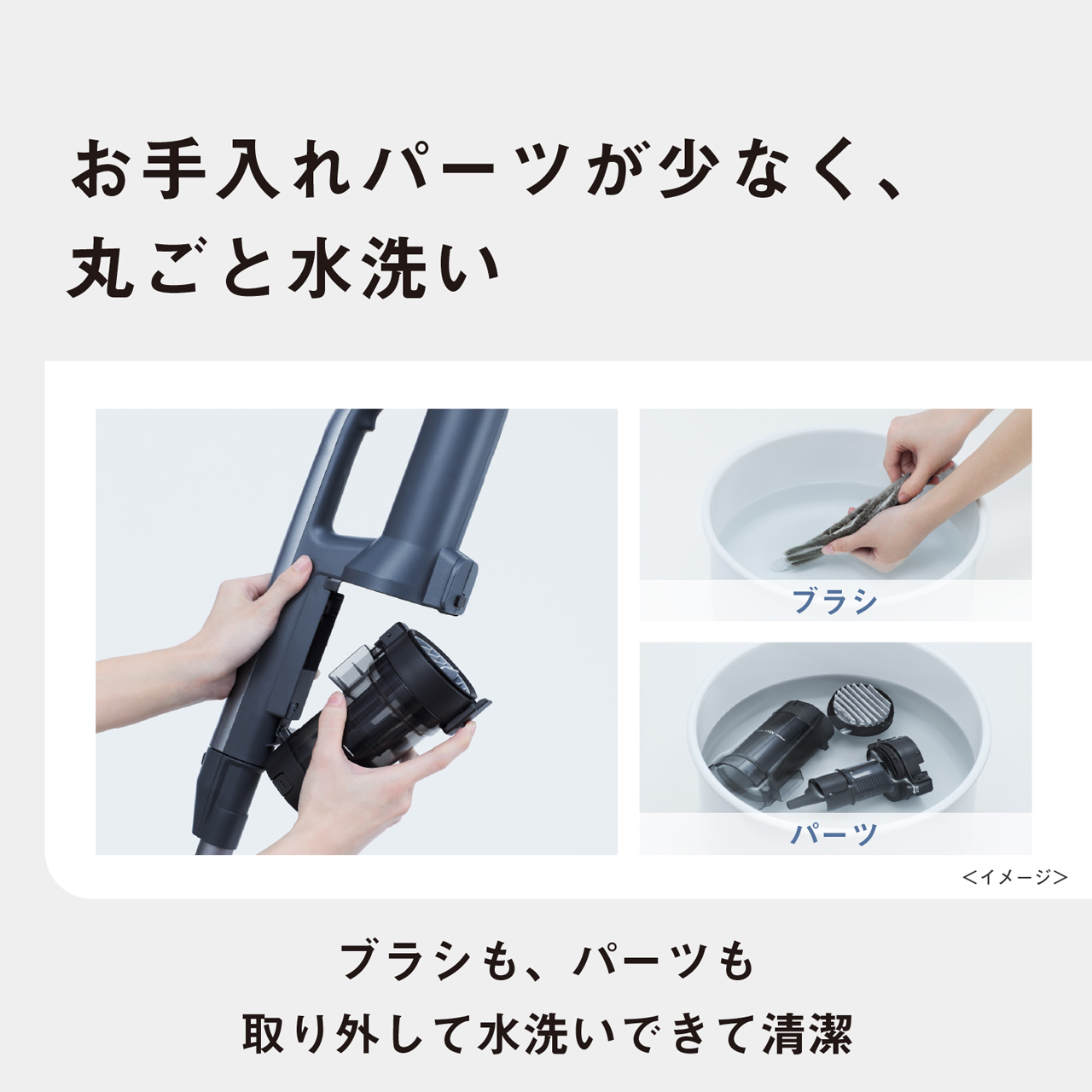 お手入れパーツが少なく、丸ごと水洗い　ブラシ　パーツ　<イメージ>　ブラシも、パーツも取り外して水洗いできて清潔