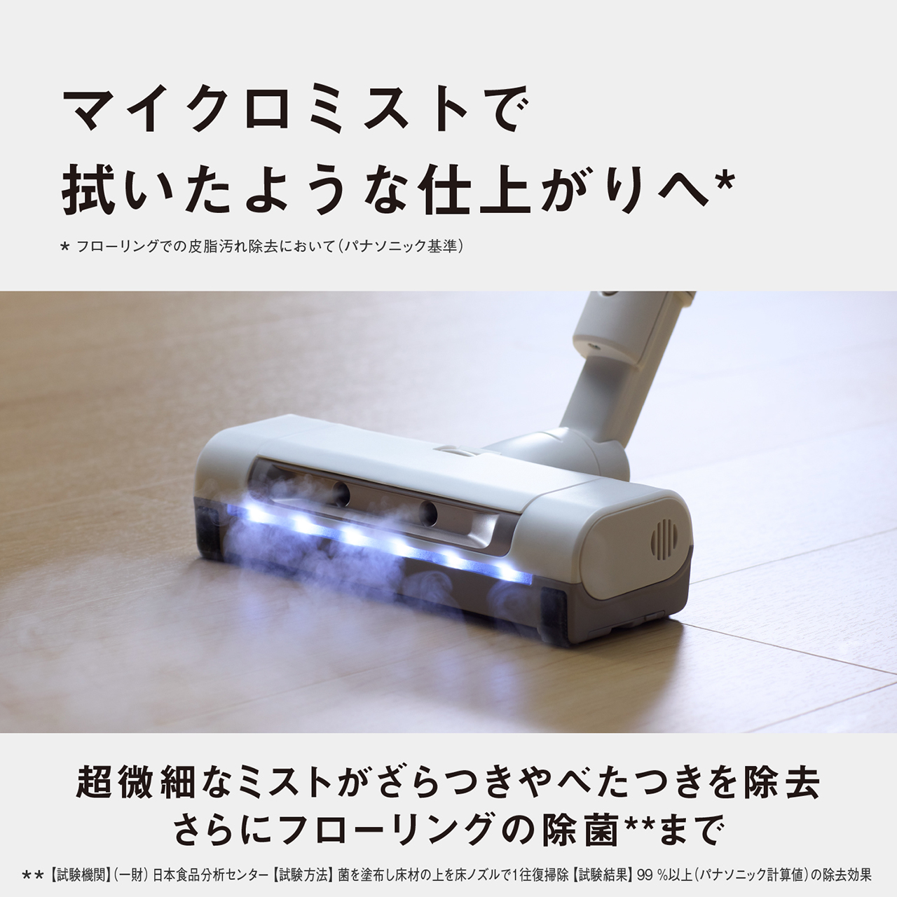 マイクロミストで拭いたような仕上がりへ＊　＊フローリングでの皮脂汚れ除去において（パナソニック基準）　超微細なミストがざらつきやべたつきを除去　さらにフローリングの除菌＊＊まで　＊＊【試験機関】（一財）日本食品分析センター　【試験方法】菌を塗布し床材の上を床ノズルで1往復掃除　【試験結果】99％以上（パナソニック計算値）の除去効果