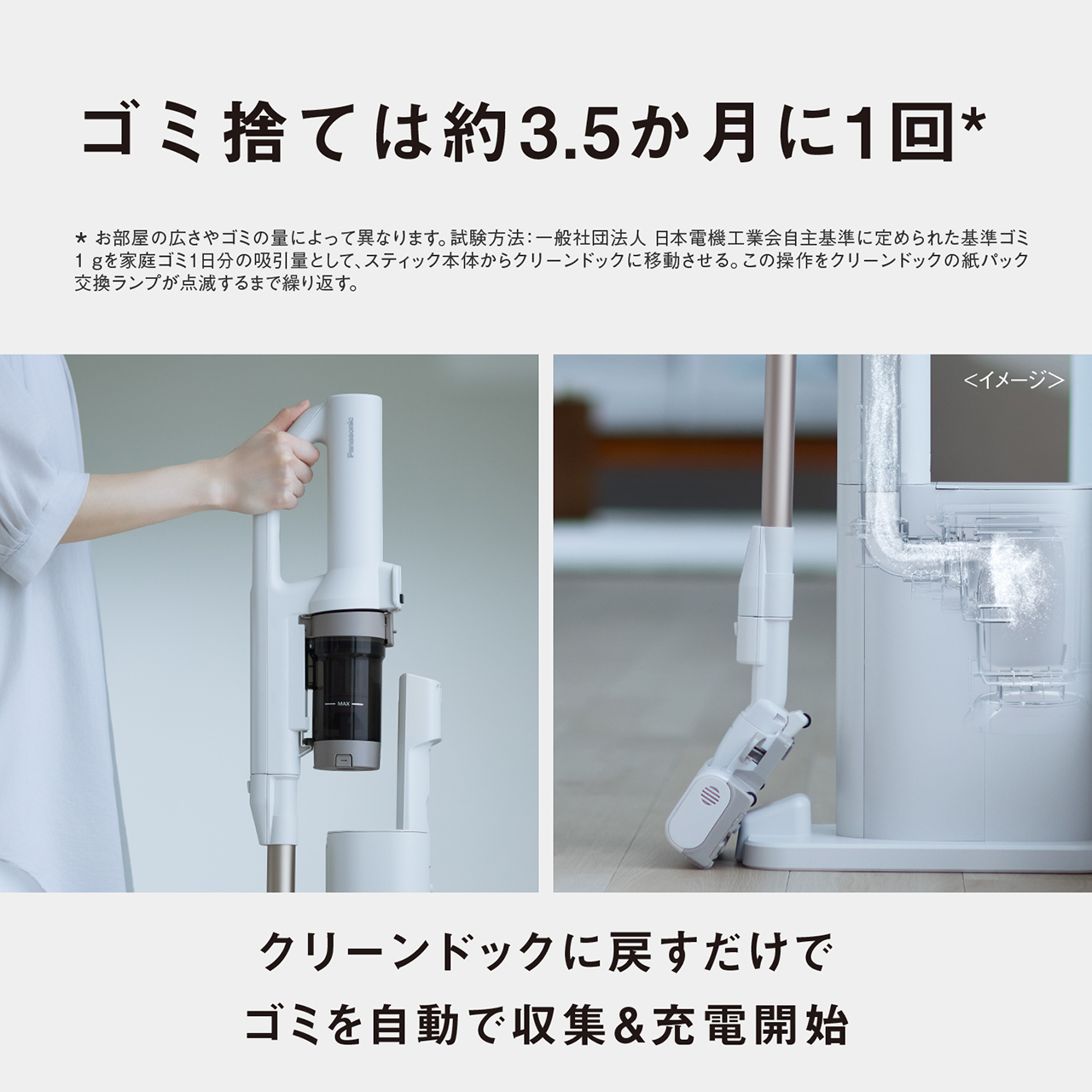 ゴミ捨ては約3.5か月に1回＊　＊お部屋の広さやゴミの量によって異なります。試験方法：一般社団法人　日本電機工業会自主基準に定められた基準ゴミ1ｇを家庭ゴミ1日分の吸引量として、スティック本体からクリーンドックに移動させる。この操作をクリーンドックの紙パック交換ランプが点滅するまで繰り返す。　＜イメージ＞　クリーンドックに戻すだけでゴミを自動で収集＆充電開始