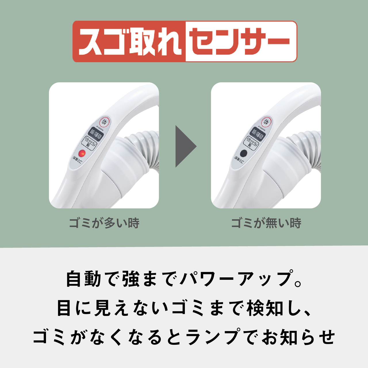 スゴ取れセンサー　ゴミが多い時　ゴミが無い時　自動で強までパワーアップ。目に見えないゴミまで検知し、ゴミがなくなるとランプでお知らせ