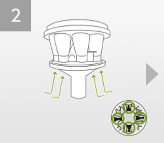 イメージ図：分離ユニットの下の穴から8つの気筒へ。