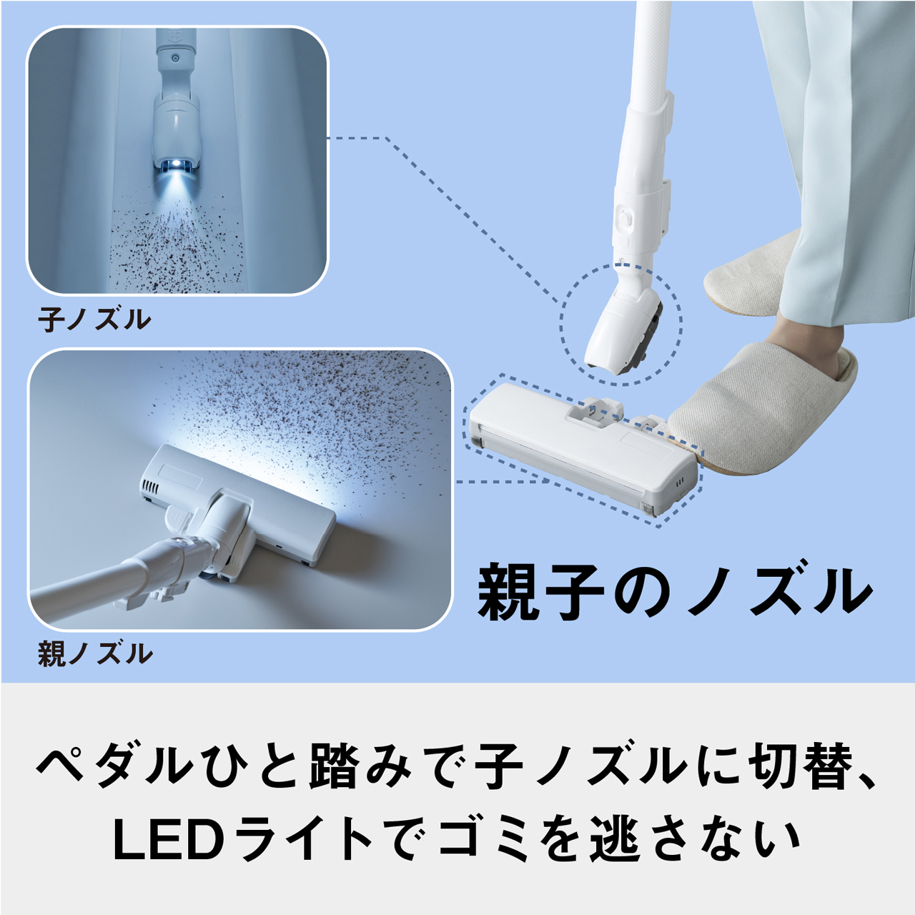 親子のノズル（子ノズル・親ノズル）　ペダルひと踏みで子ノズルに切替、LEDライトでゴミを逃さない