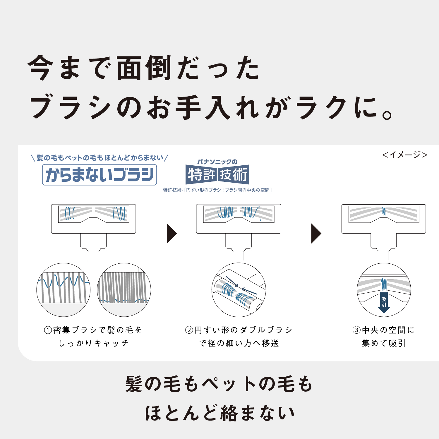 今まで面倒だったブラシのお手入れがラクに。髪の毛もペットの毛もほとんど絡まない