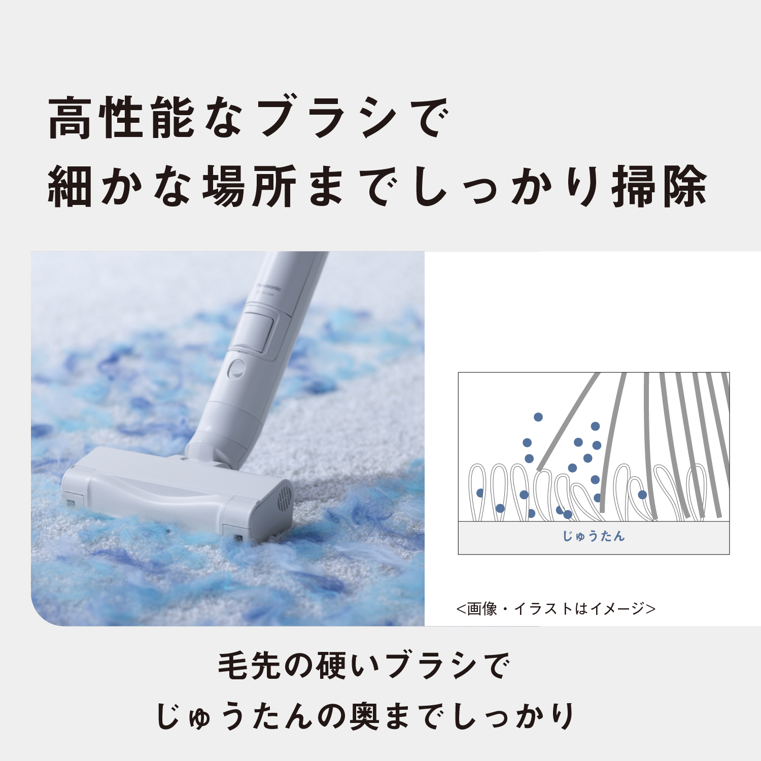 高性能なブラシで細かな場所までしっかり掃除：毛先の硬いブラシでじゅうたんの奥までしっかり