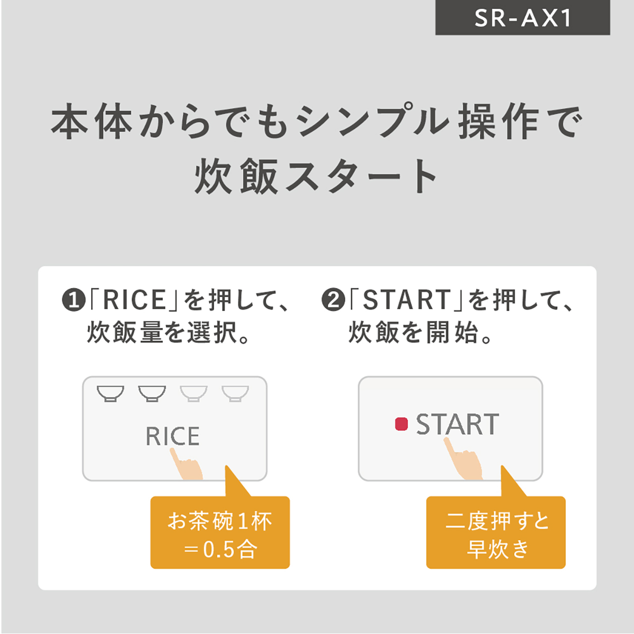 本体からでもシンプル操作で炊飯スタート。①「RICE」を押して、炊飯量を選択(お茶碗1杯＝0.5合)。②「START」を押して、炊飯を開始（二度押すと早炊き）。