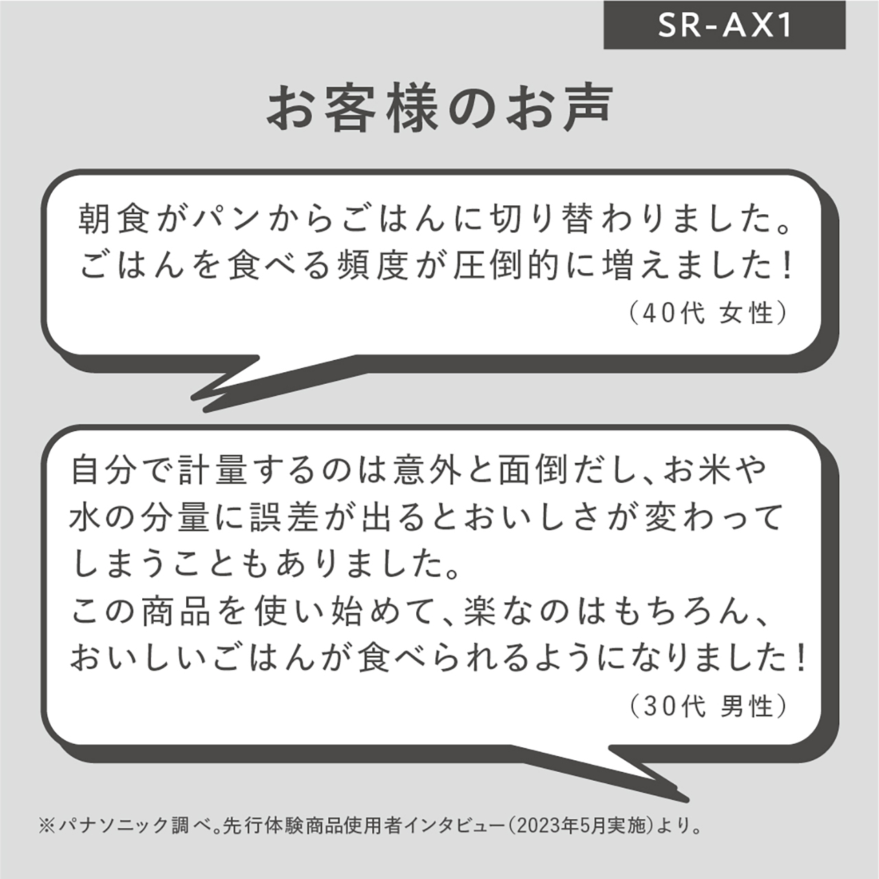 お客様のお声。朝食がパンからごはんに切り替わりました。ごはんを食べる頻度が圧倒的に増えました！(40代 女性) 自分で計量するのは意外と面倒だし、お米や水の分量に誤差が出るとおいしさが変わってしまうこともありました。この商品を使い始めて、楽なのはもちろん、おいしいごはんが食べられるようになりました！(30代 男性)※パナソニック調べ。先行体験商品使用者インタビュー(2023年5月実施)より。