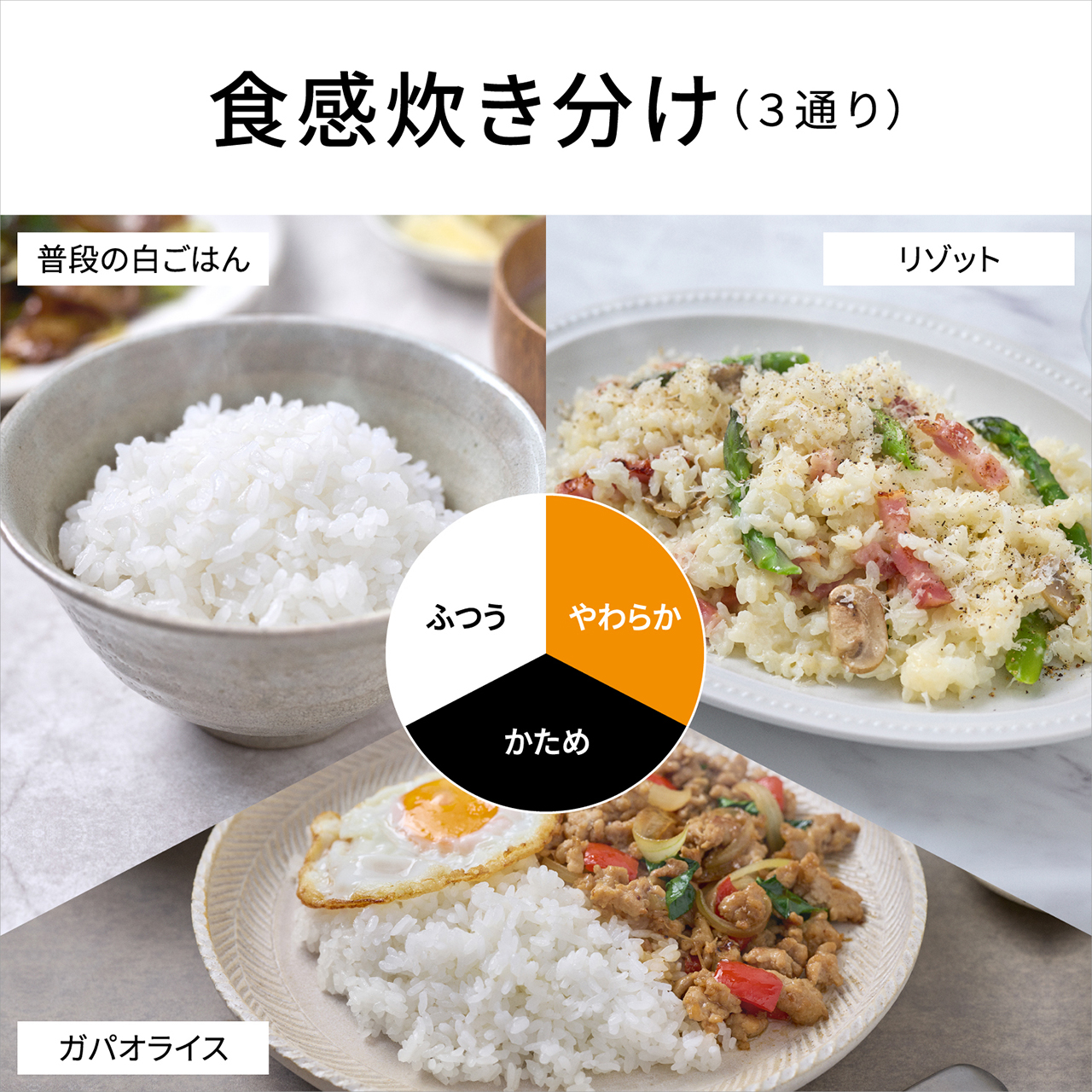 【食感炊き分け（3通り）】お好みの食感やその日のメニューに合わせて3通り（ふつう、かため、やわらか）の食感に炊き分けられます。●画像は使用メニュー例です。