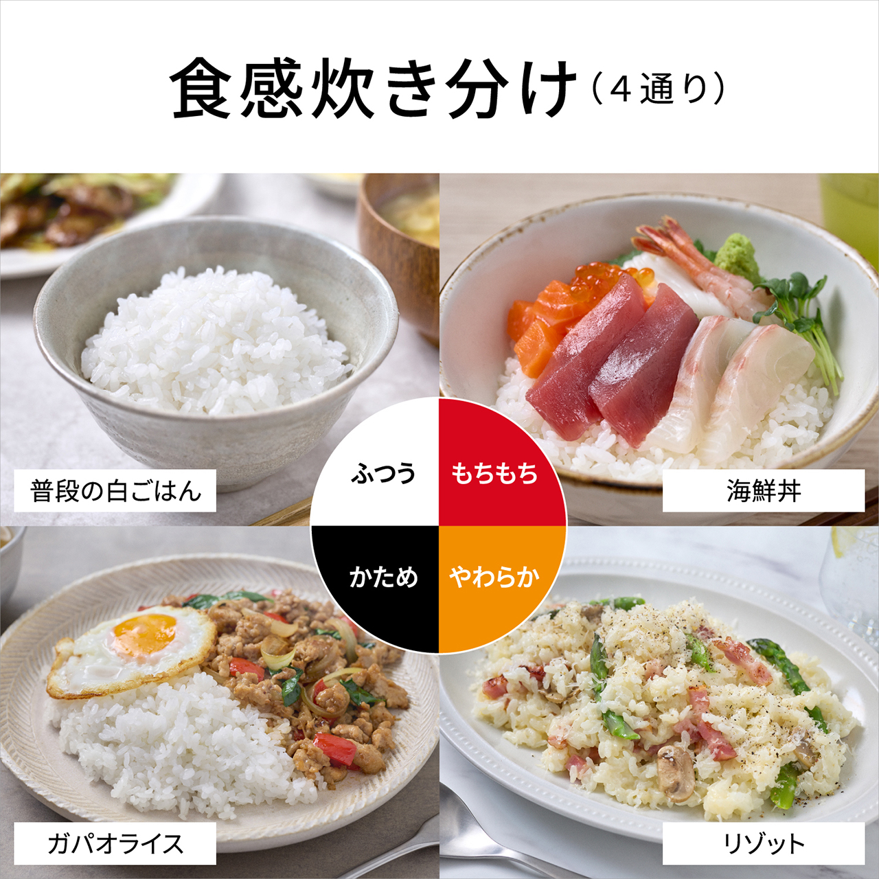【食感炊き分け（4通り）】お好みの食感やその日のメニューに合わせて4通り（ふつう、かため、やわらか、もちもち）の食感に炊き分けられます。●画像は使用メニュー例です。