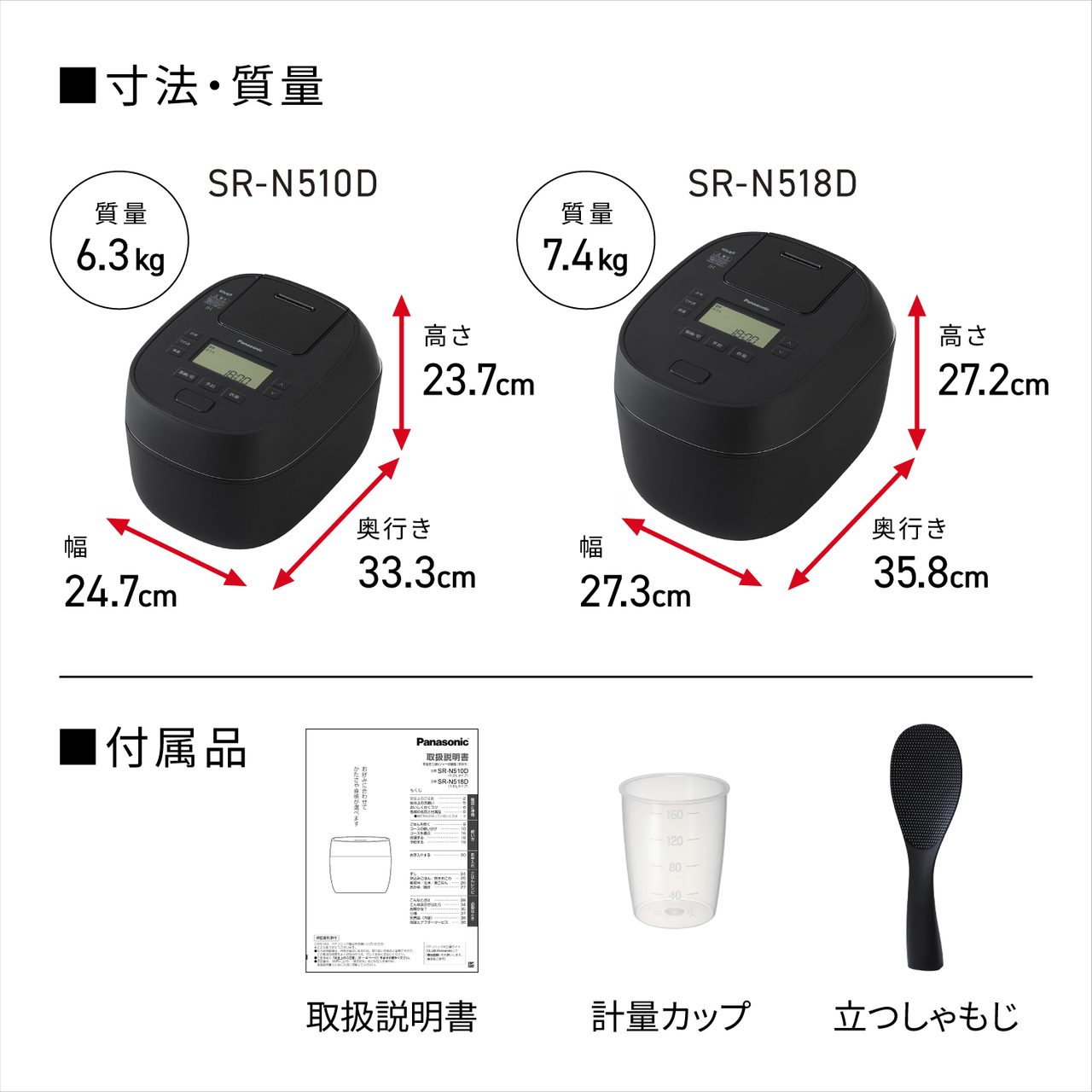寸法・質量：「SR-N510D」高さ23.7cm 奥行き33.3cm 幅24.7cm、質量6.3kg。「SR-N518D」高さ27.2cm 奥行き35.8cm 幅27.3cm、質量7.4kg。付属品：取扱説明書・計量カップ・立つしゃもじ