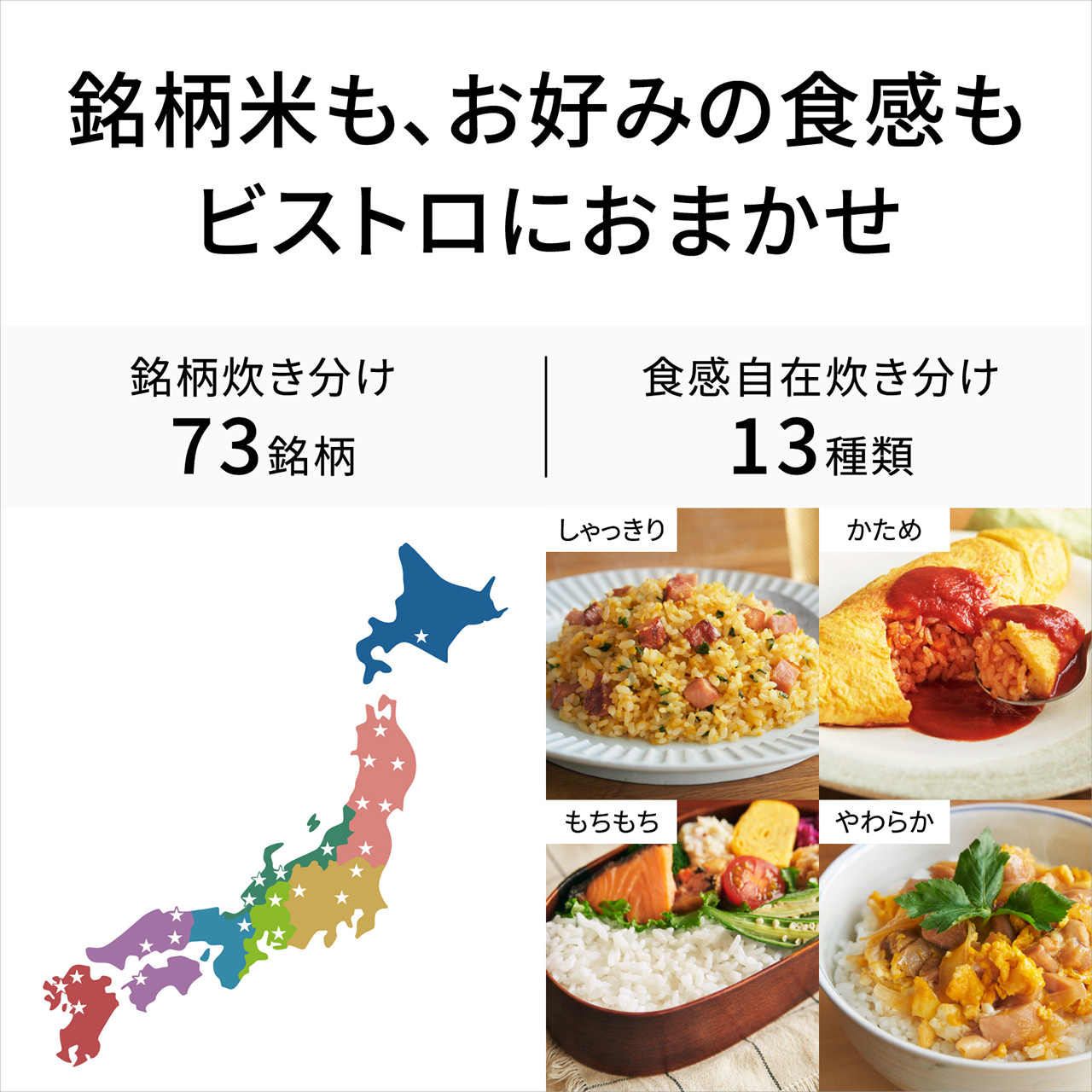【銘柄米も、お好みの食感もビストロにおまかせ】銘柄炊き分け：73銘柄、食感自在炊き分け：13種類（ふつう1種類、かため・やわらか・もちもち・しゃっきり各3段階）