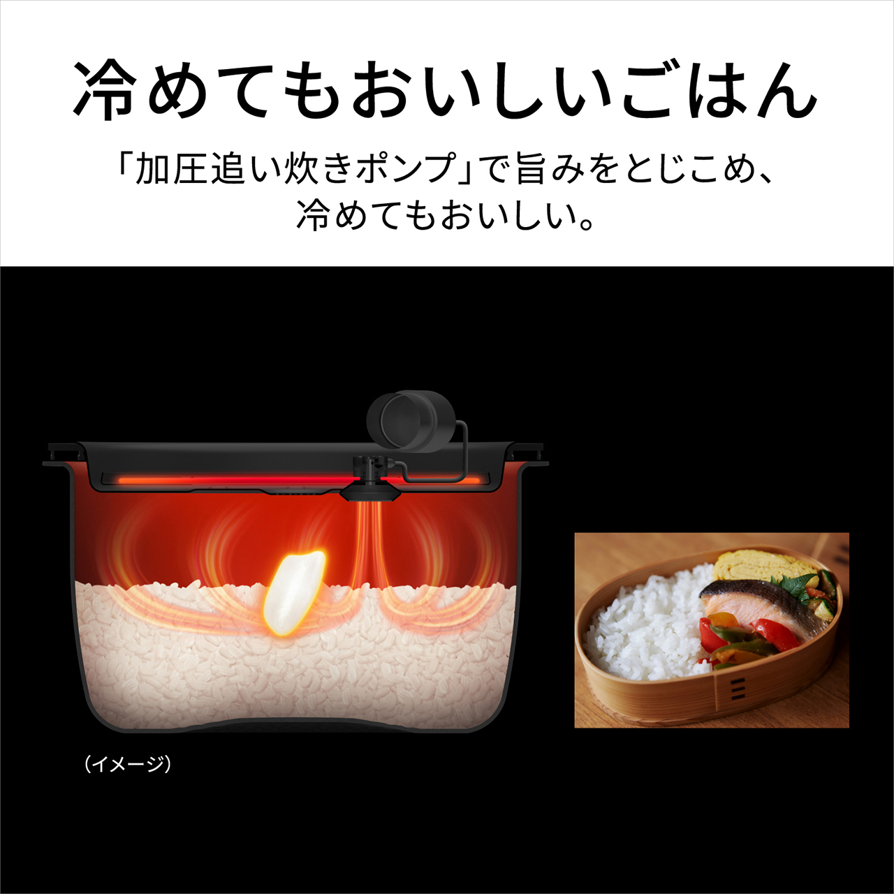 【冷めてもおいしいごはん】「加圧追い炊きポンプ」で旨みをとじこめ、冷めてもおいしい。