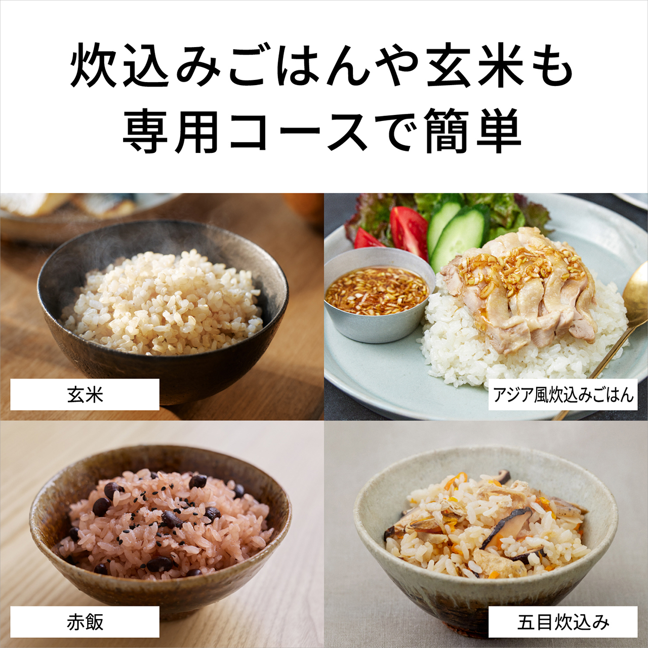 【炊込みごはんや玄米も専用コースで簡単】メニュー例：玄米、アジア風炊込みごはん、赤飯、五目炊込み。