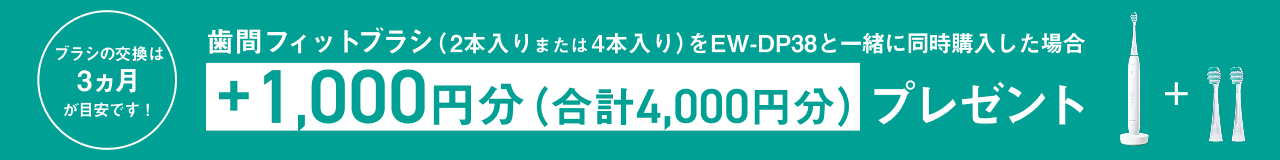 歯間フィットブラシ（2本入りまたは4本入り）をEW-DP38と一緒に同時購入した場合+1,000円分（合計4,000円分）プレゼント ブラシの交換は3カ月が目安です！