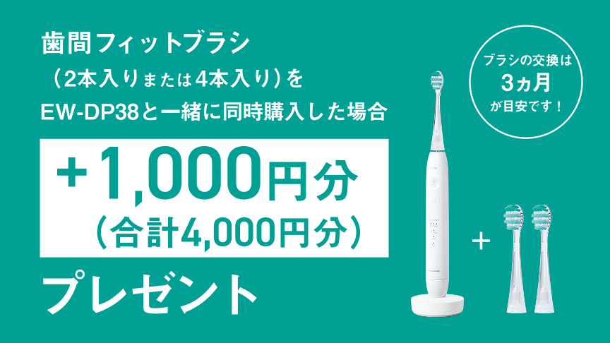 歯間フィットブラシ（2本入りまたは4本入り）をEW-DP38と一緒に同時購入した場合+1,000円分（合計4,000円分）プレゼント ブラシの交換は3カ月が目安です！