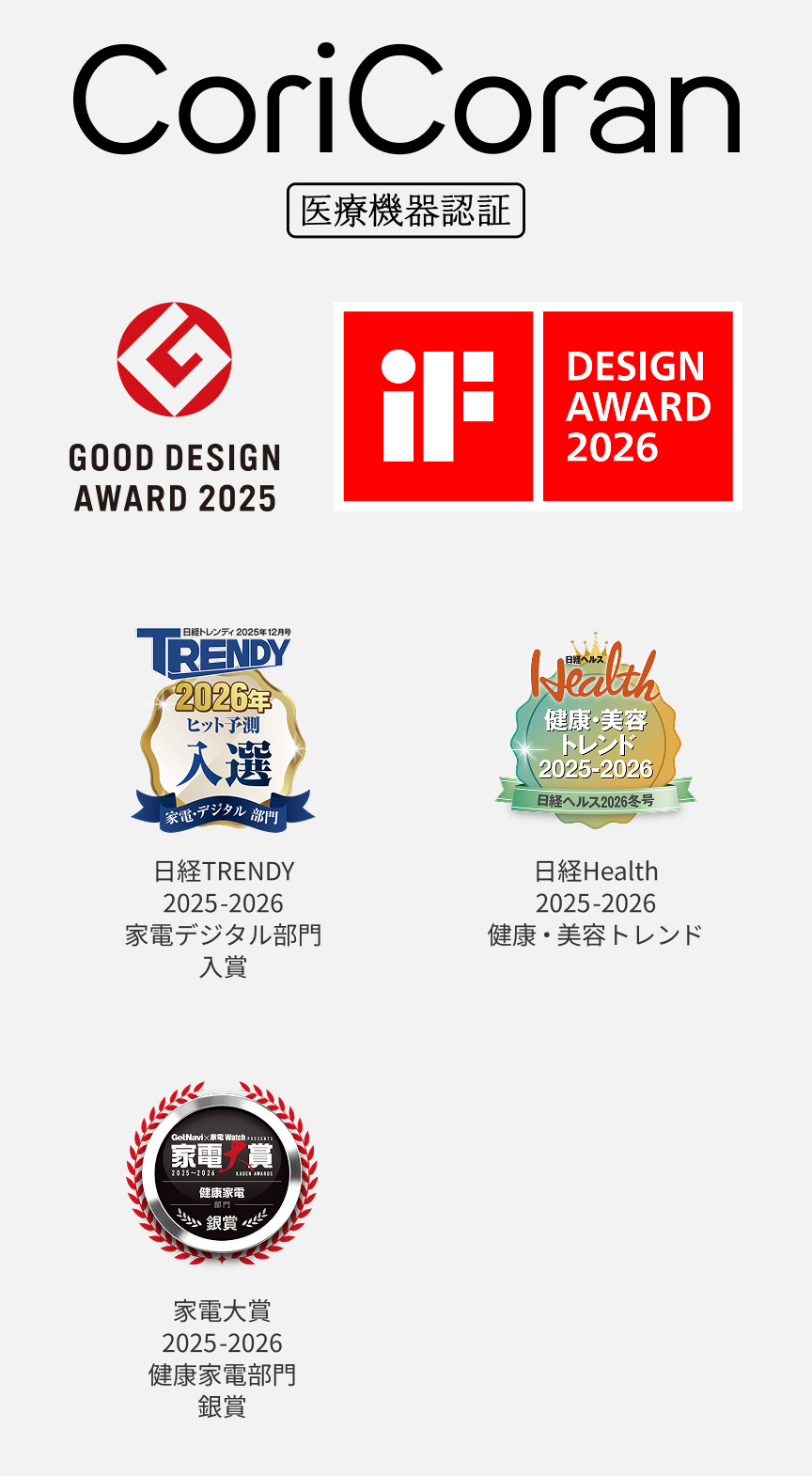 CoriCoran 医療機器認証 GOOD DESIGN AWARD 2025 DESIGN AWARD 2026 TRENDY 2026年ヒット予測 入選 2025年12月号掲載 肩コリ治療器 コリコラン本体（EW-RA520）／Health 健康・美容 トレンド大賞 2025-2026 2025年12月号掲載 肩コリ治療器 コリコラン本体（EW-RA520） 家電大賞 2026年3月受賞 高周波治療器コリコランループ（EW-RA520）