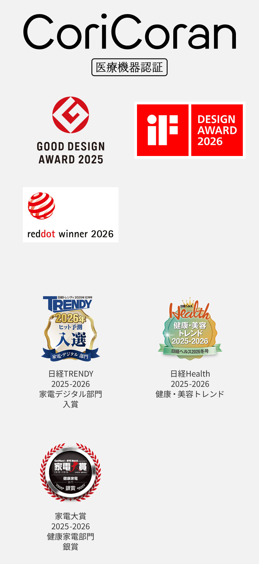 CoriCoran 医療機器認証 GOOD DESIGN AWARD 2025 DESIGN AWARD 2026 redbot winner 2026 TRENDY 2026年ヒット予測 入選 2025年12月号掲載 肩コリ治療器 コリコラン本体（EW-RA520）／Health 健康・美容 トレンド大賞 2025-2026 2025年12月号掲載 肩コリ治療器 コリコラン本体（EW-RA520） 家電大賞 2026年3月受賞 高周波治療器コリコランループ（EW-RA520）