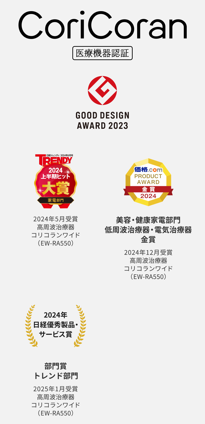 CoriCoran 医療機器認証 GOOD DESIGN AWARD 2023 TRENDY 2024年上半期ヒット 大賞 家電部門 2024年5月受賞 高周波治療器 コリコランワイド（EW-RA550） 価格.com PRODUCT AWARD 金賞 2024 美容・健康家電部門 低周波治療器・電気治療器 金賞 2024年12月受賞 高周波治療器 コリコランワイド（EW-RA550） 2024年 日経優秀製品・サービス賞 部門賞 トレンド部門 2025年1月受賞 高周波治療器 コリコランワイド（EW-RA550） 