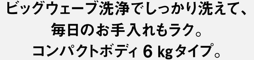 ビッグウェーブ洗浄でしっかり洗えて、毎日のお手入れもラク。コンパクトボディ6kgタイプ。