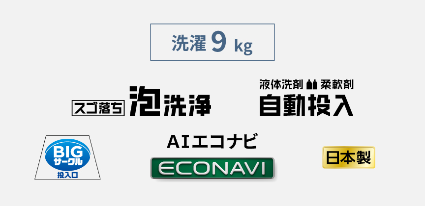 洗濯9kg,スゴ落ち泡洗浄,液体洗剤・柔軟剤自動投入,BIGサークル投入口,AIエコナビ,日本製