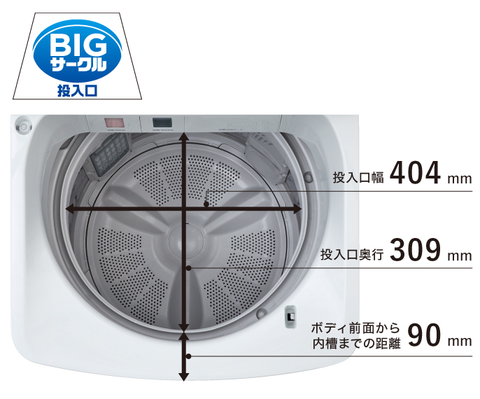 ビッグサークル投入口,投入口幅：404㎜、投入口奥行：309㎜、ボディ前面から内槽までの距離：90㎜