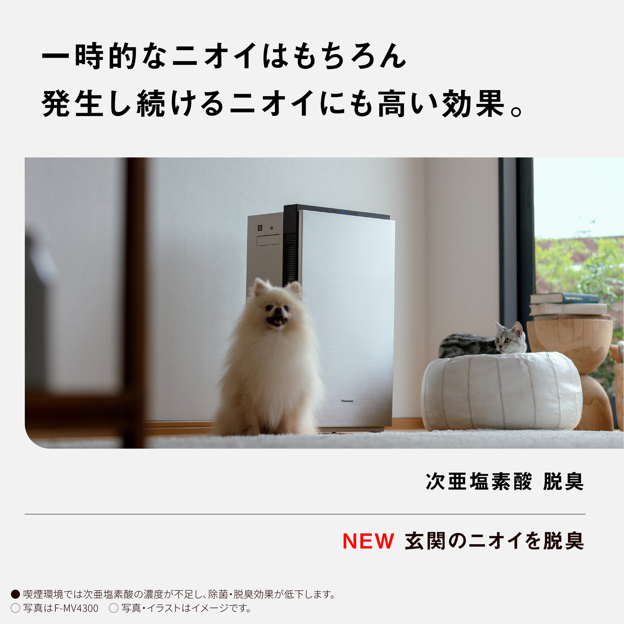 【一時的なニオイはもちろん発生し続けるニオイにも高い効果。】次亜塩素酸 脱臭　NEW 玄関のニオイを脱臭　●煙環境では次亜塩素酸の濃度が不足し、 除菌・脱臭効果が低下します。○写真はF-MV4300 ○写真・イラストはイメージです。  