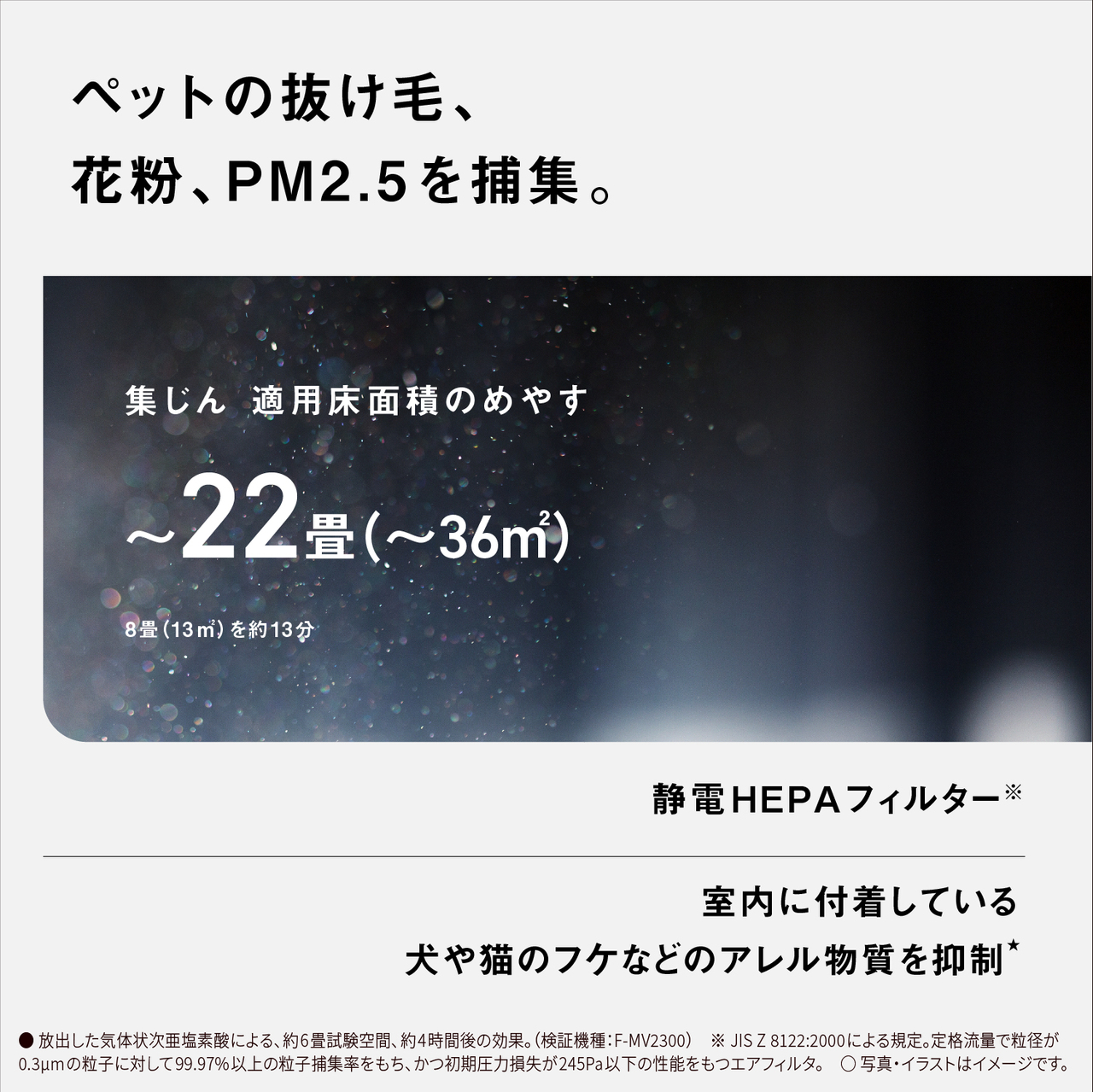 【ペットの抜け毛、花粉、PM2.5を捕集。】集じん 適用床面積のめやす~22畳(~36m2)、8畳 (13ｍ2)を約13分　静電HEPAフィルター※　室内に付着している犬や猫のフケなどのアレル物質を抑制★　★放出した気体状次亜塩素酸による、約6畳試験空間、約4時間後の効果。(検証機種：F-MV2300)　※JIS Z 8122：2000による規定。定格流量で粒径が0.3μmの粒子に対して99.97%以上の粒子捕集率をもち、かつ初期圧力損失が245Pa以下の性能をもつエアフィルタ。○写真・イラストはイメージです。  