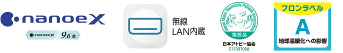 各種ロゴ1（ナノイーX（48兆）、エオリアアプリ〔無線LAN内蔵〕、日本アトピー協会推奨品、フロンラベルA）